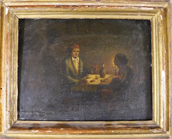 18th century oil, Interior scene with figures 18x23cm